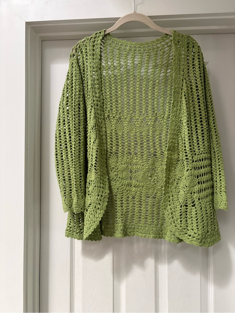 Green Crochet Open-Front Cardigan